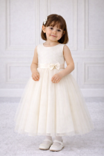 Abito battesimo bambina avorio con fiocco in vita e gonna ampia in tulle vista frontale