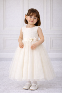 Abito battesimo bambina avorio con fiocco in vita e gonna ampia in tulle vista frontale