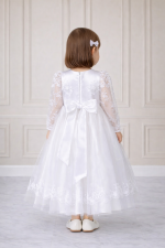 Abito battesimo bambina bianco con fiocco sul retro e maniche lunghe in pizzo vista posteriore