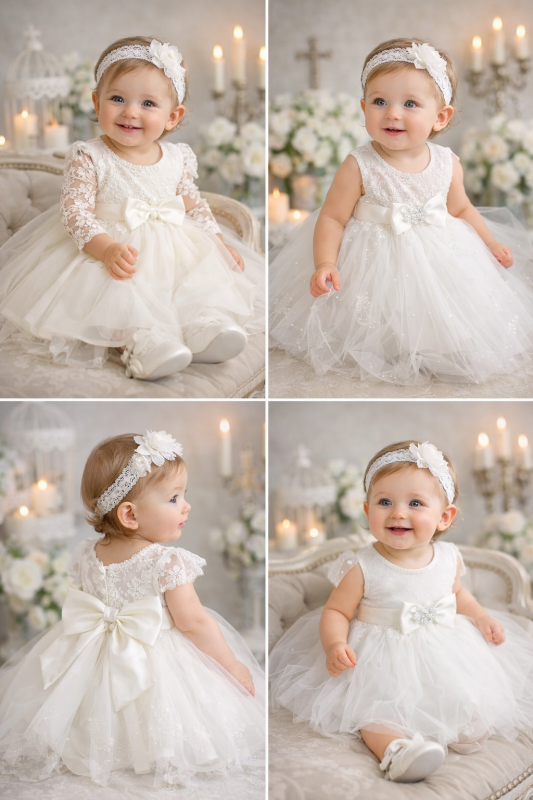 Collage abiti battesimo bambina eleganti in pizzo e tulle bianco e avorio