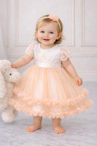 Neonata con abito battesimo pesca in tulle, corpino bianco ricamato e maniche in pizzo