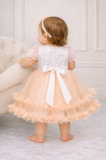 Retro abito battesimo neonata pesca con fiocco, zip posteriore e gonna in tulle a balze