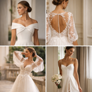 Tendenze abiti da sposa 2026: scollo off-shoulder, schiena in pizzo e linee minimal eleganti