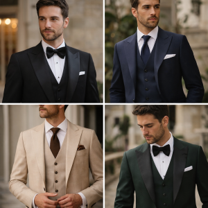 Abiti da sposo 2026: smoking nero, completo blu, tono sabbia e giacca verde elegante