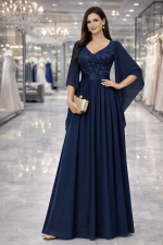 abito da cerimonia lungo elegante blu notte con corpetto ricamato e linea slanciata