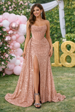 abito 18 anni elegante rosa cipria lungo con spacco frontale