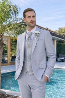 abito sposo grigio chiaro elegante 3 pezzi slim fit con gilet damascato