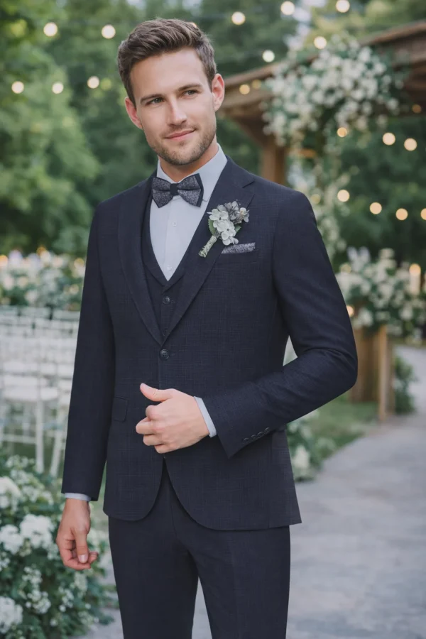 abito da sposo elegante con gilet e papillon per matrimonio