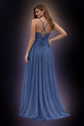 abito lungo blu polvere elegante foto promozionale