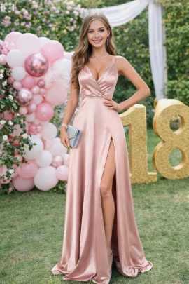 abito 18 anni rosa lungo elegante con spacco