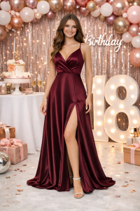 abito 18 anni bordeaux lungo elegante in raso con spacco