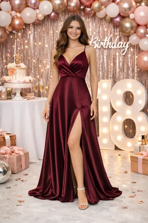 abito 18 anni bordeaux lungo elegante in raso con spacco