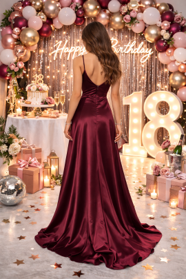 abito 18 anni bordeaux lungo elegante in raso retro