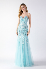 abito da cerimonia celeste 2026 lungo elegante con corpetto decorato e gonna in tulle