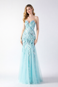 abito da cerimonia celeste 2026 lungo elegante con corpetto decorato e gonna in tulle