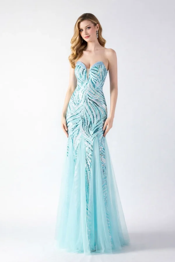 abito da cerimonia celeste 2026 lungo elegante con corpetto decorato e gonna in tulle