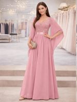 abito da cerimonia lungo elegante rosa antico con maniche chiffon e dettagli luminosi