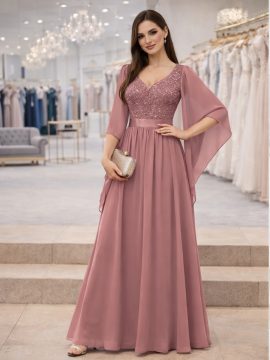 abito da cerimonia lungo elegante rosa con maniche chiffon e dettagli luminosi
