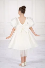 Retro abito da damigella bambina bianco/avorio con schiena a V, maxi fiocco e gonna in tulle