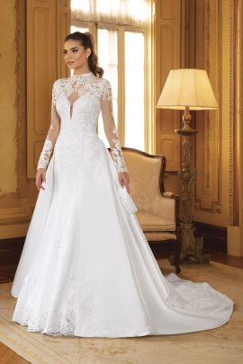 Abito da sposa 2 in 1 con gonnellone staccabile e pizzo, collo alto e maniche lunghe, effetto principessa - Sposatelier