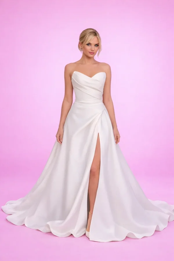 Abito da sposa minimal elegante con spacco frontale vista davanti