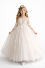 abito prima comunione principessa bambina con pizzo ricamato e gonna ampia in tulle