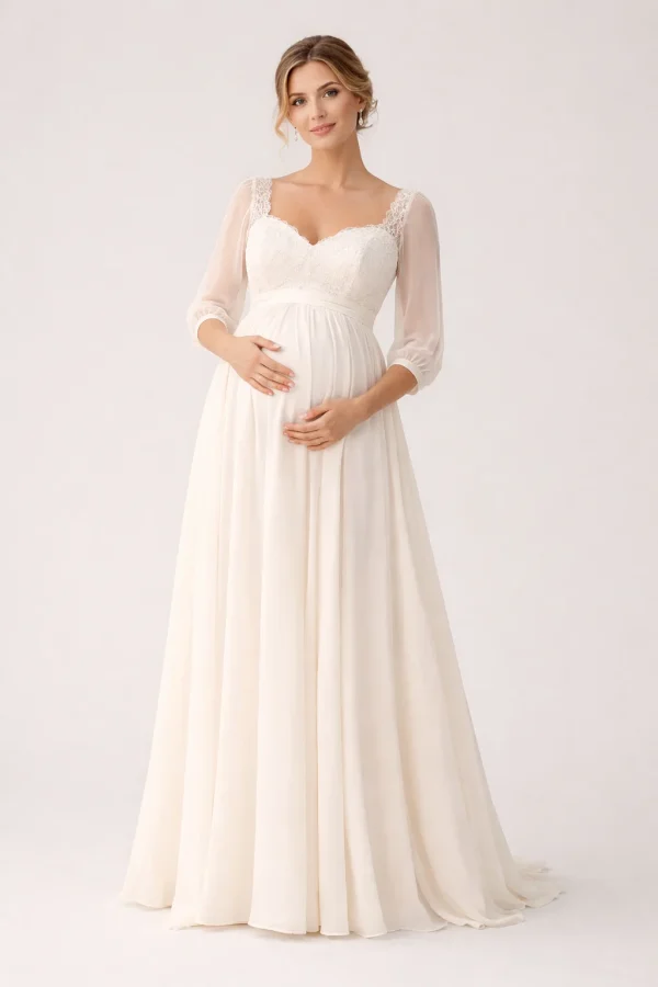 abito da sposa premaman impero in chiffon modello Aurora frontale