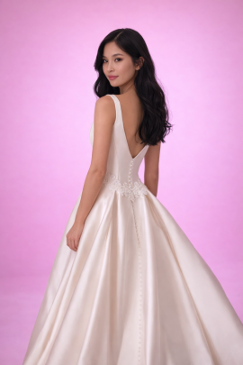 Dettaglio schiena a V con bottoncini su abito da sposa principessa minimal in mikado