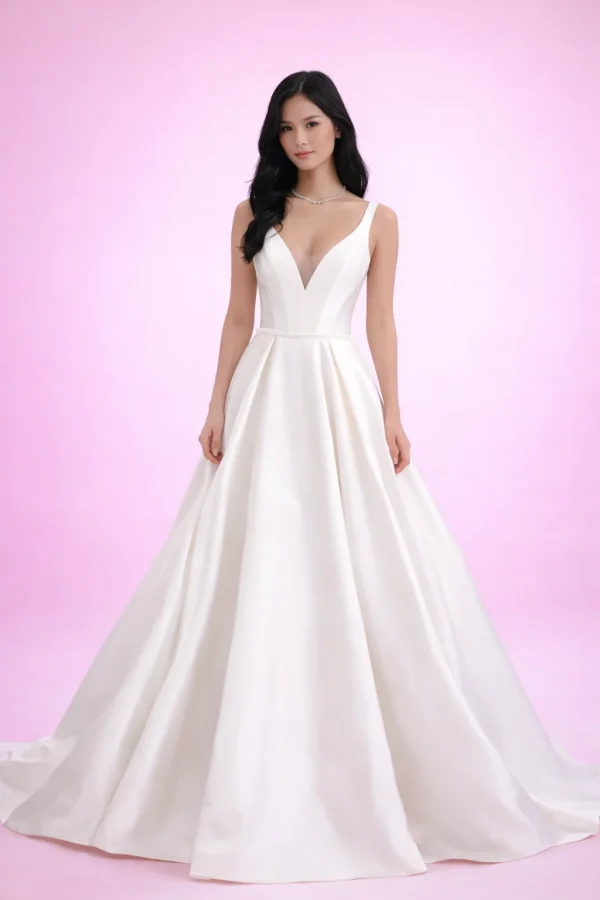 Abito da sposa principessa minimal in mikado con scollo a V vista frontale