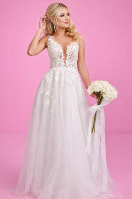 abito da sposa in pizzo con scollo profondo e gonna in tulle