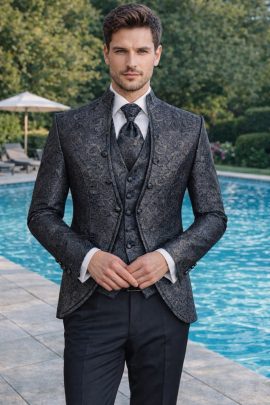 abito da sposo blu elegante damascato