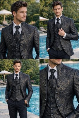 dettagli abito da sposo damascato collo coreano