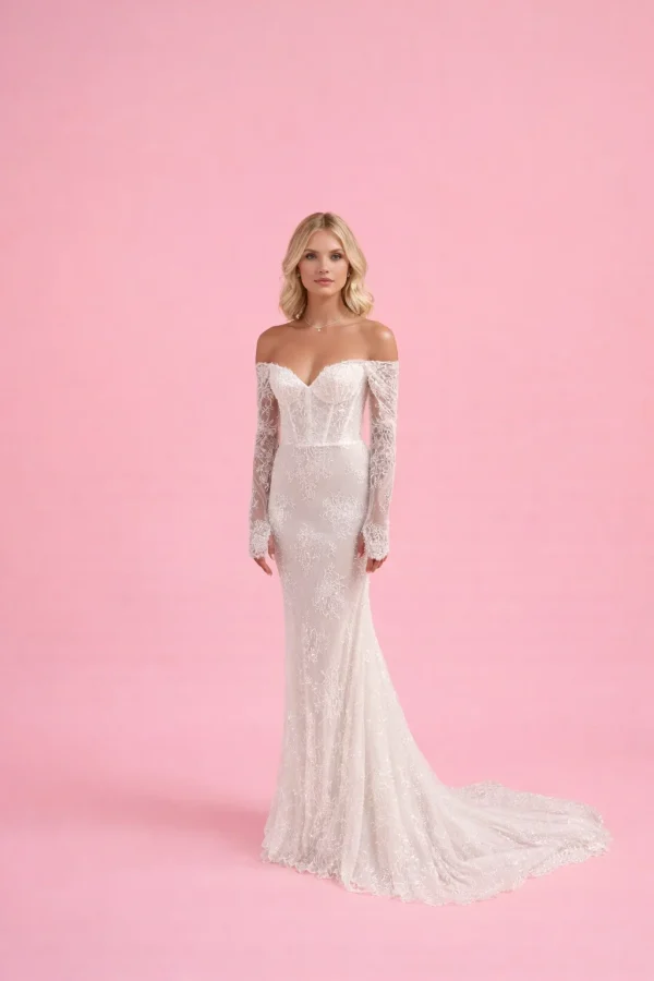 Abito da sposa sirena con maniche lunghe in pizzo e scollo bardot vista frontale