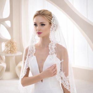 Velo da sposa in tulle con pizzo ricamato e pettine elegante