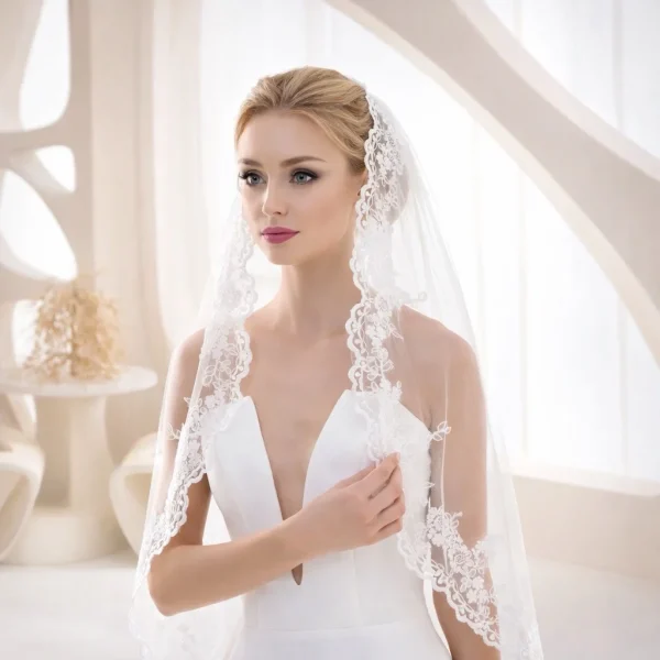 Velo da sposa in tulle con pizzo ricamato e pettine elegante