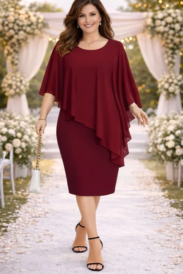 Abito mamma sposo bordeaux elegante midi con mantella in chiffon