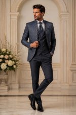 Abito uomo cerimonia blu elegante damascato con gilet doppiopetto e plastron coordinato