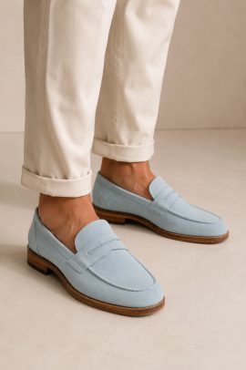 Mocassini uomo celeste in camoscio indossati con pantaloni beige eleganti su sfondo minimal neutro