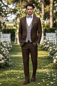 Abito uomo marrone elegante da matrimonio con gilet beige e papillon in location romantica per cerimonia elegante