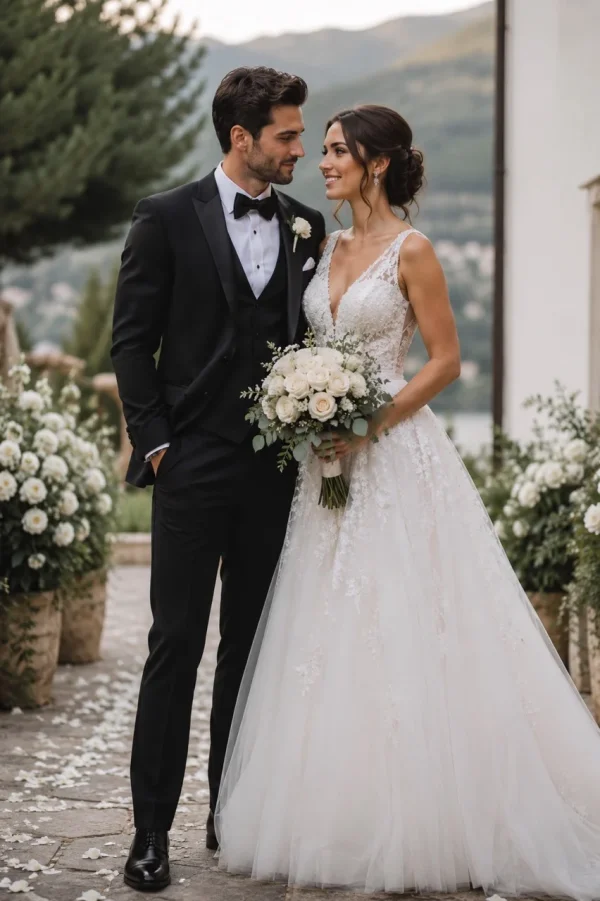 Sposo elegante con smoking uomo matrimonio nero insieme alla sposa in location romantica per cerimonia di lusso