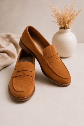 Mocassini uomo in camoscio color tabacco eleganti su sfondo beige minimalista