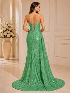 Retro abito da cerimonia verde con corsetto e paillettes