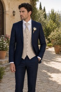 Abito da sposo blu navy con gilet paisley beige e cravatta coordinata della collezione Abiti da Sposo 2027