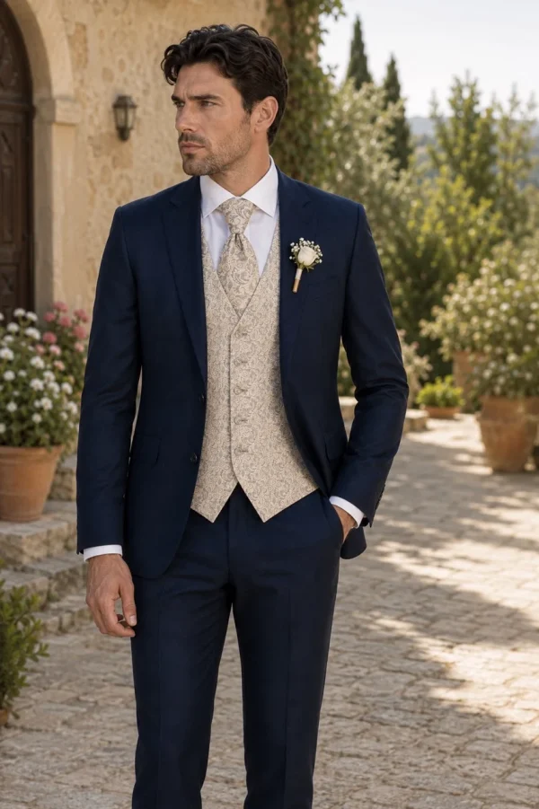 Abito da sposo blu navy con gilet paisley beige e cravatta coordinata della collezione Abiti da Sposo 2027