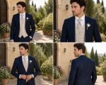 Abito da sposo blu navy con gilet paisley beige della nuova collezione cerimonia uomo
