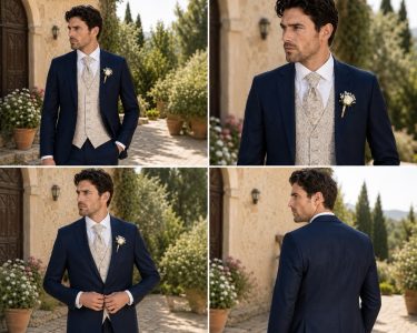Abito da sposo blu navy con gilet paisley beige della nuova collezione cerimonia uomo