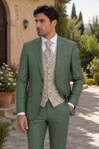 Abito da cerimonia uomo verde salvia con gilet paisley beige indossato da modello elegante per matrimonio