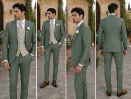 Abito da cerimonia uomo verde salvia con gilet e cravatta paisley beige in shooting fotografico con vista frontale, laterale e posteriore