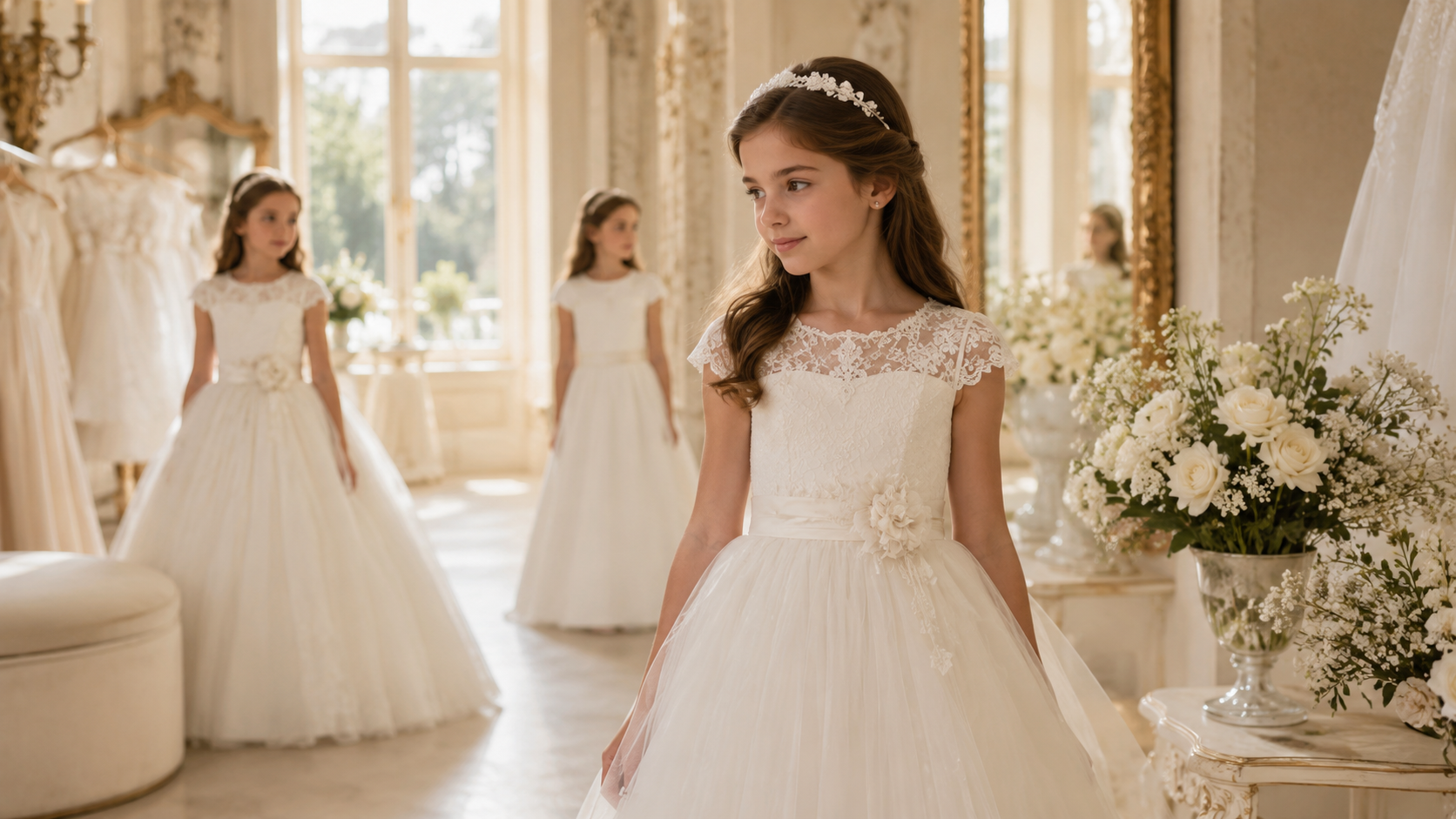 Bambine con abiti Prima Comunione eleganti in atelier
