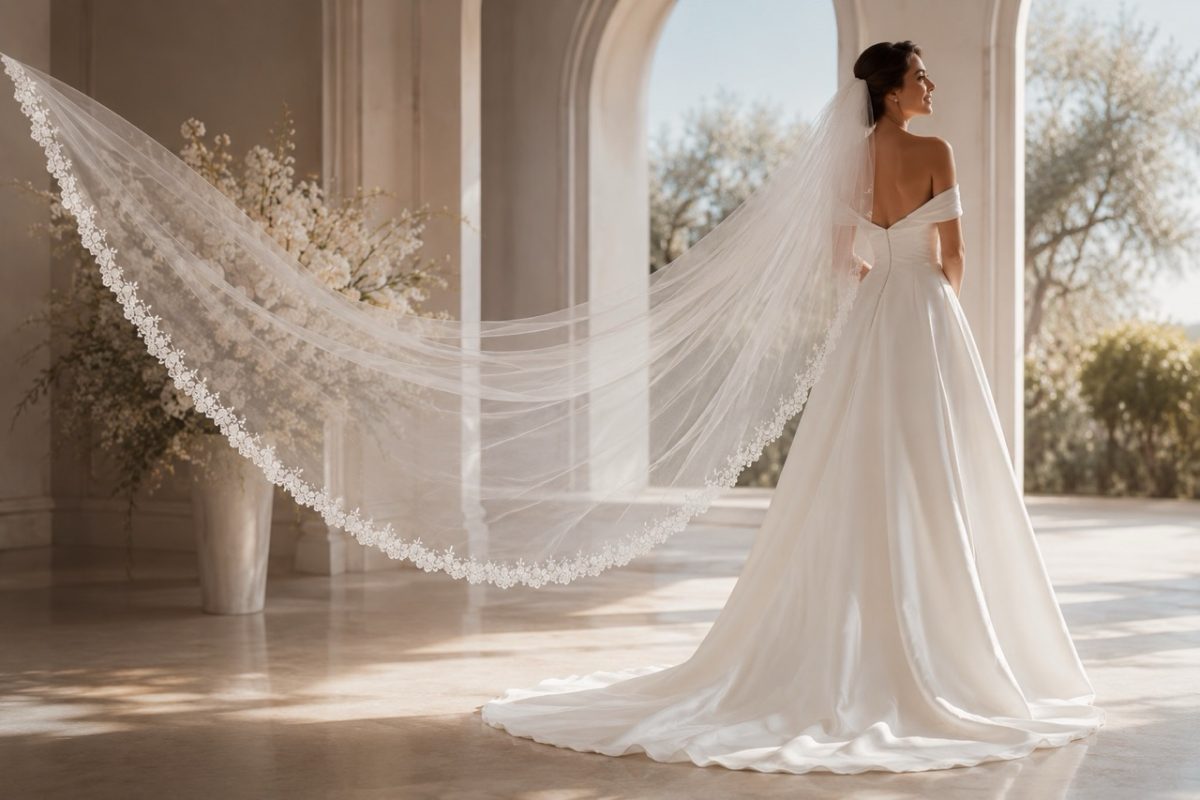 Velo da sposa lungo in tulle con bordo in pizzo abbinato ad abito da sposa elegante
